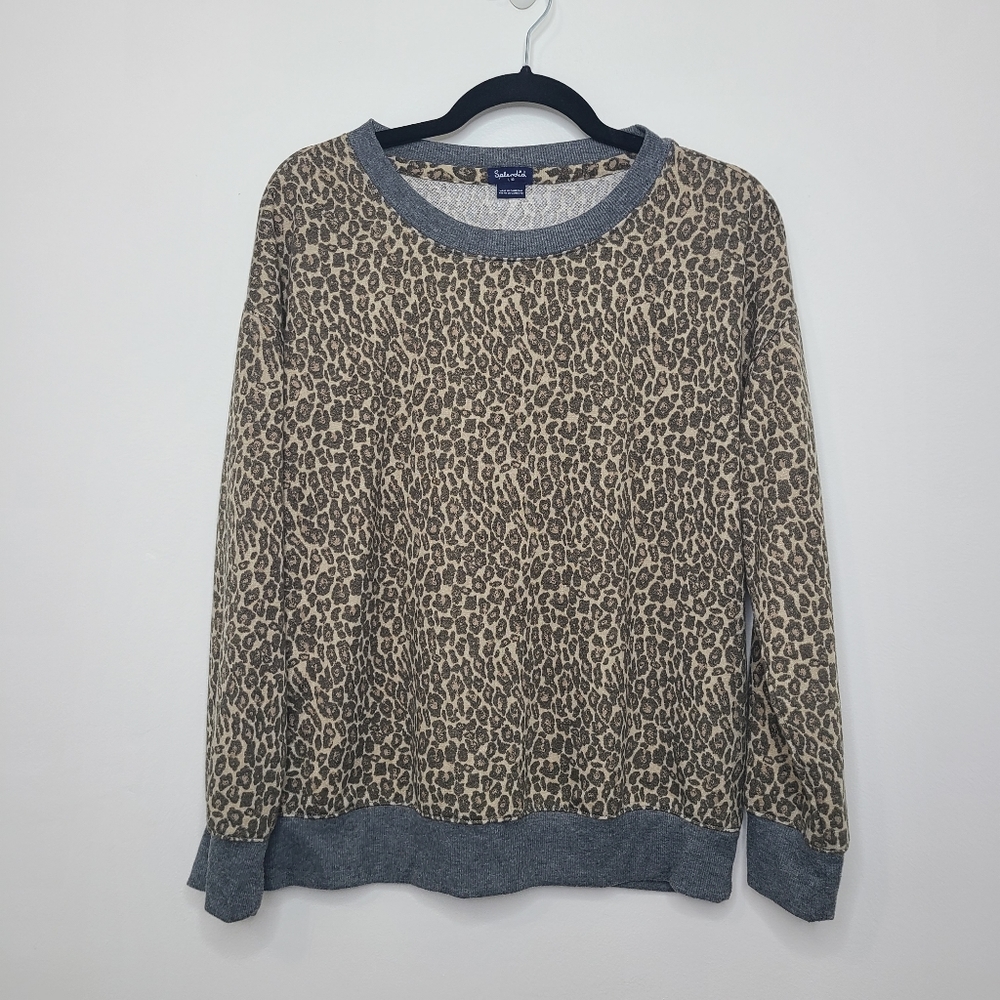 Splendid Swearshirt Long Sleeve Crew Neck Leopard Print Brown Size Large